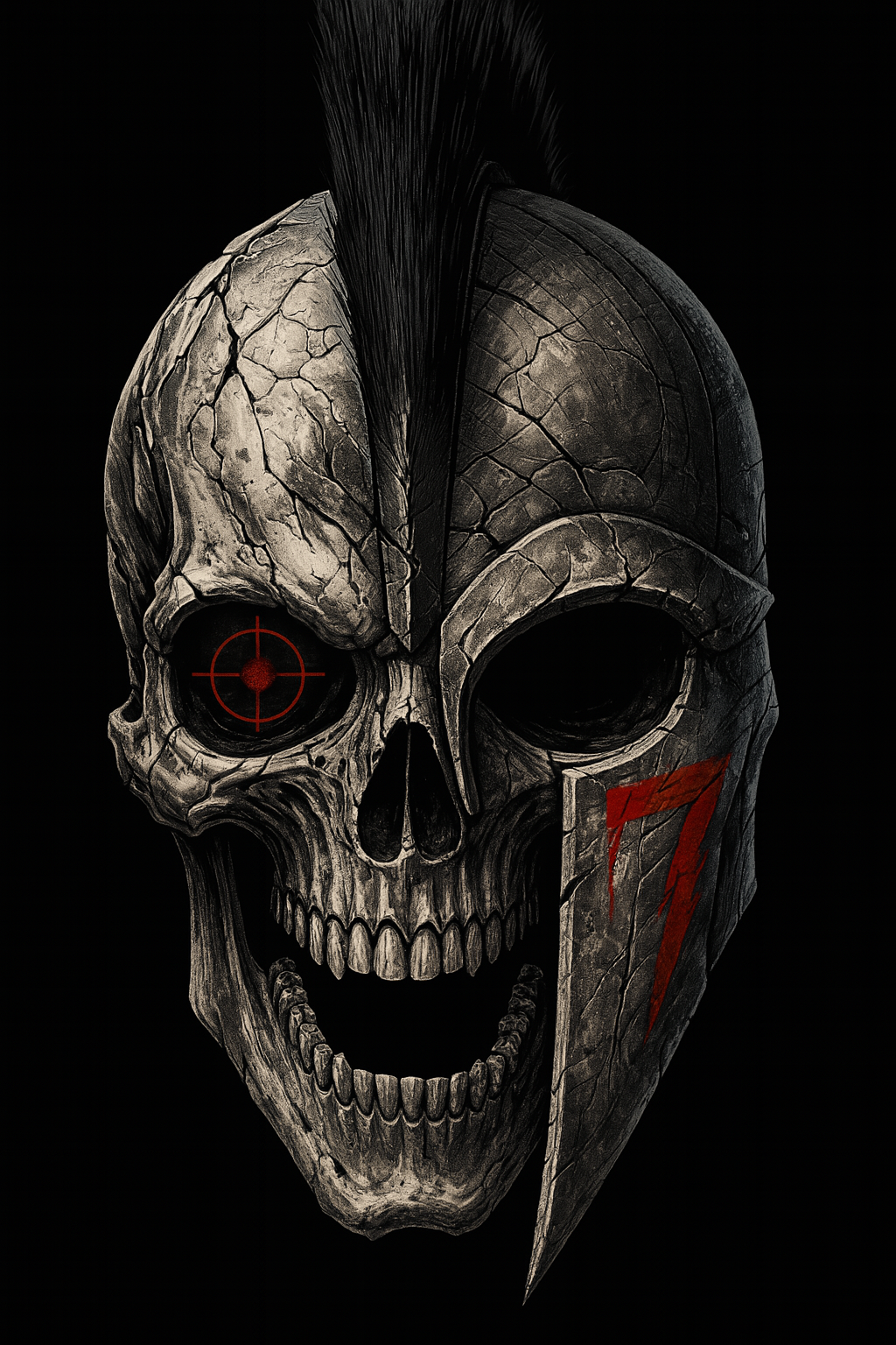 Spartan skull with a red reticle in one eye and a red 7 on its helmet